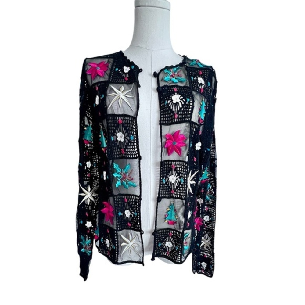 JENNI MAX VTG Silk Rayon Blend Christmas‎ Crochet Embroidered Squares Cardigan M